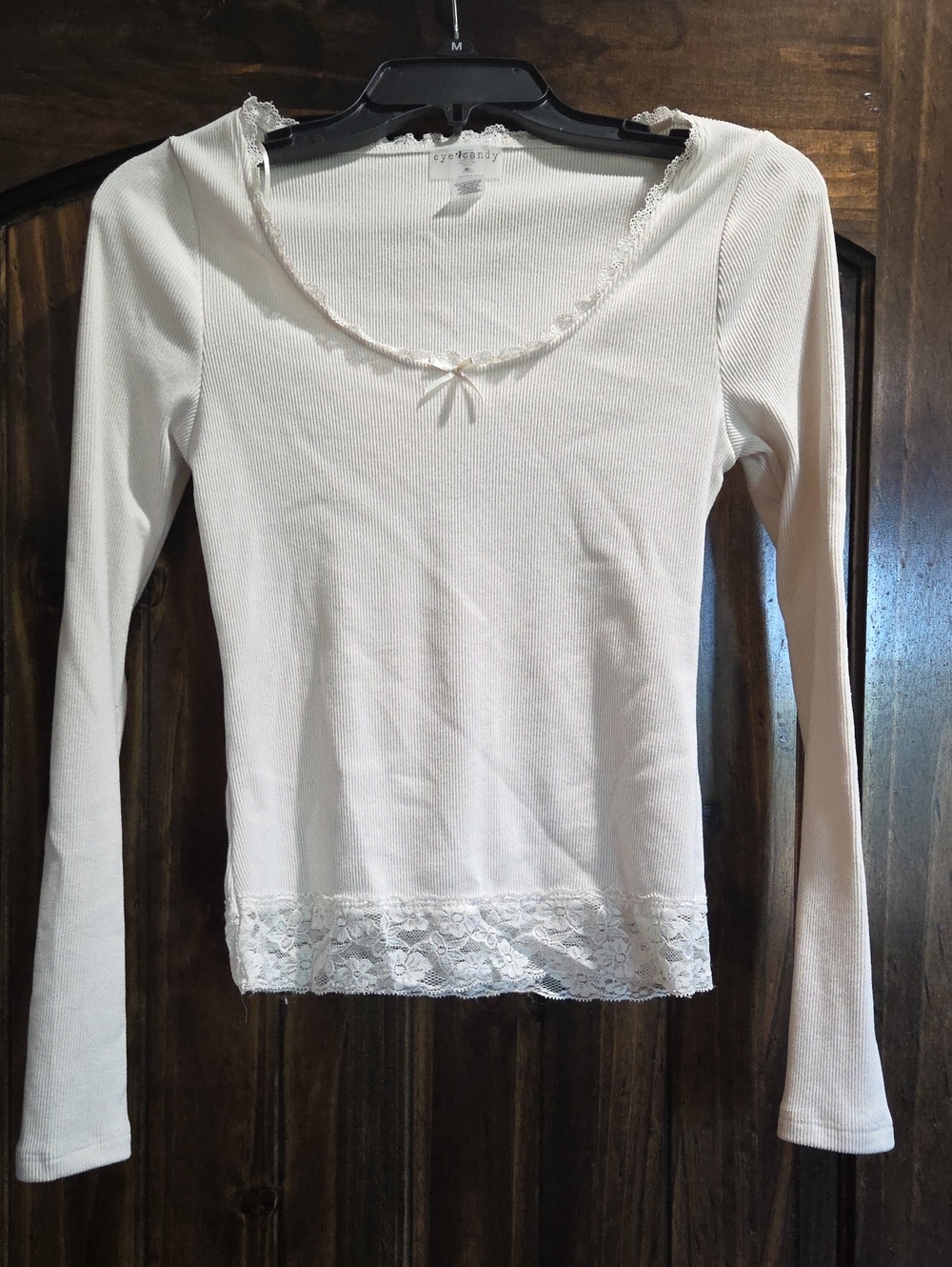 Eyecandy White Lace-Trim Ribbed Long-Sleeve Top